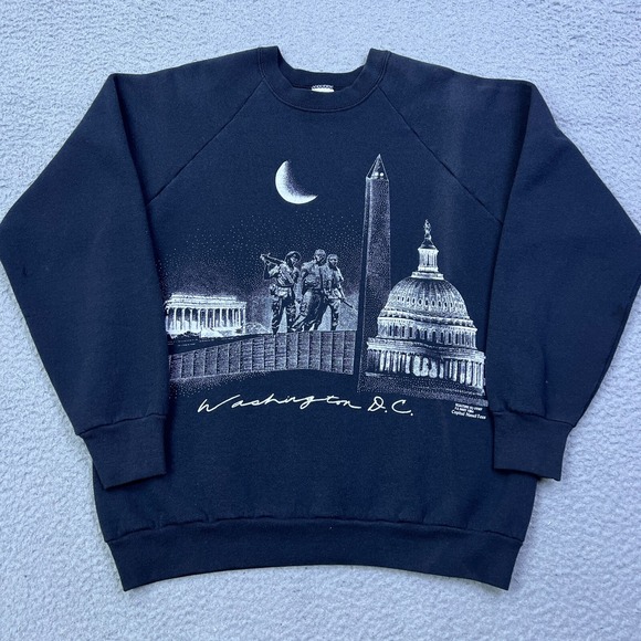 VTG 1992 Washington DC Sweatshirt Mens L Black AOP Monuments USA Made Pullover** - Picture 1 of 14